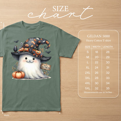 Green t-shirt with a cute ghost wearing a witch hat and holding a pumpkin. Includes size chart.