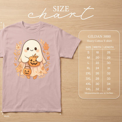 Pink t-shirt with a cartoon ghost holding pumpkins and a size chart.