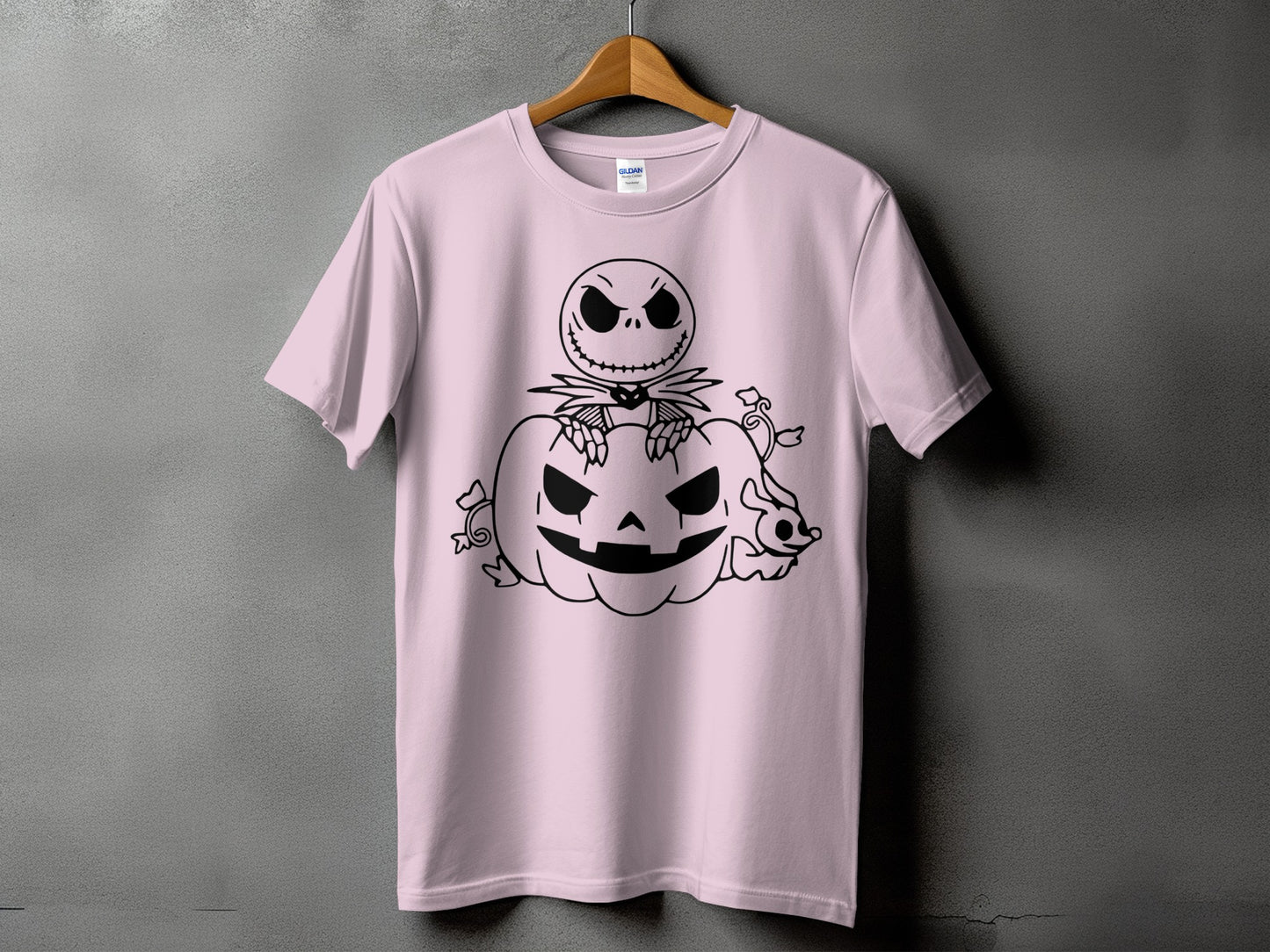 Pink t-shirt with black Jack Skellington and pumpkin graphic.
