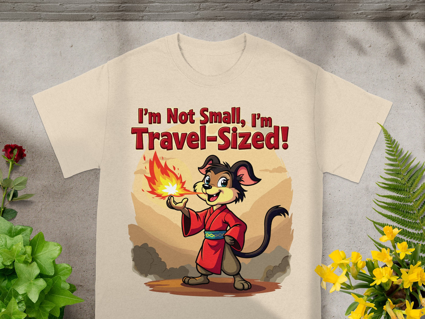 Cartoon dog in red robe breathes fire, text reads "I'm Not Small, I'm Travel-Sized!".