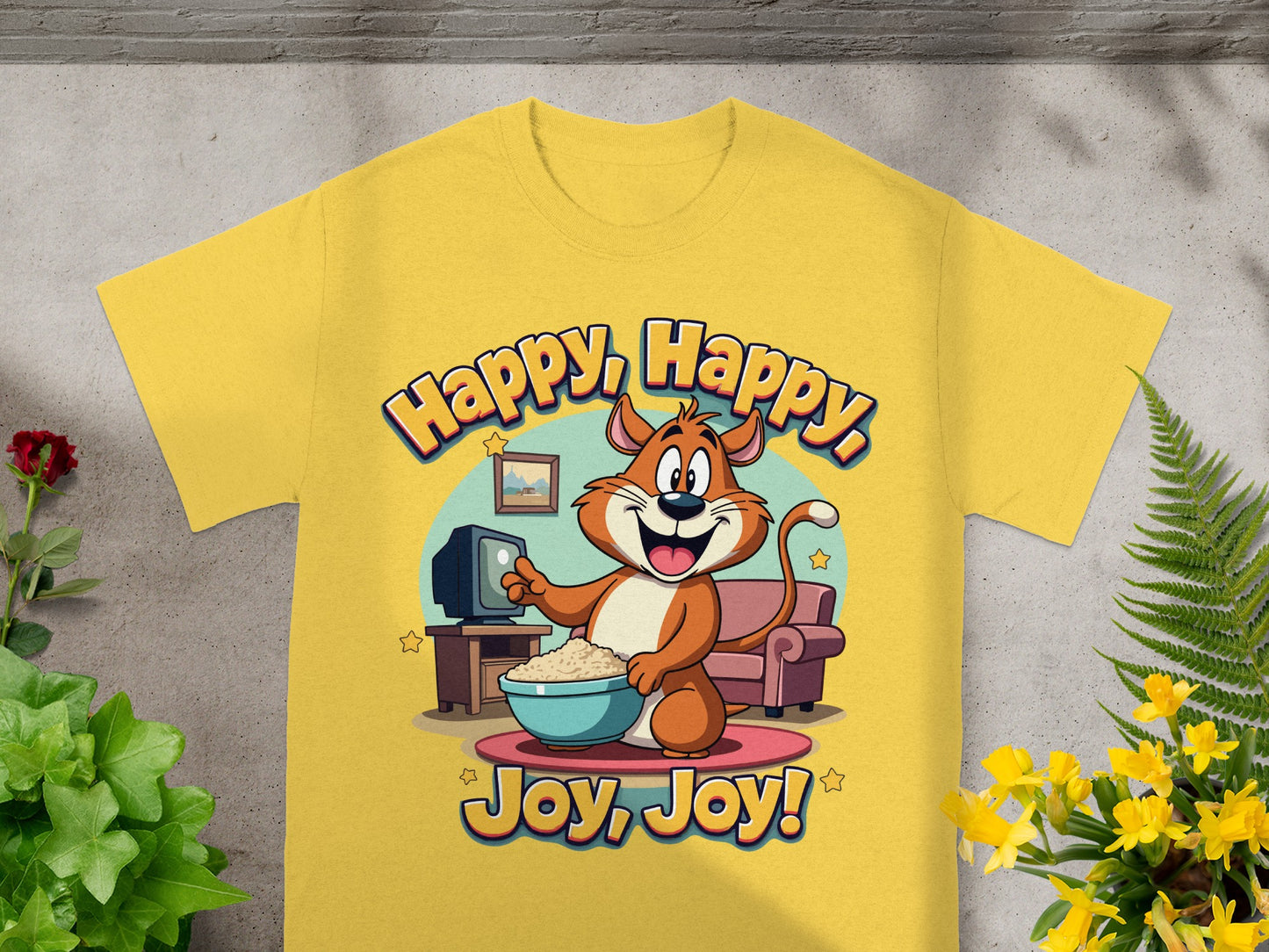 Cartoon cat with popcorn by TV and couch saying "Happy, Happy, Joy, Joy!"
