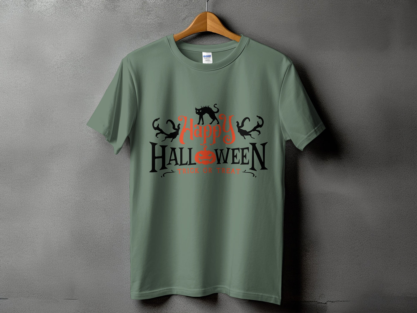 Green t-shirt with "Happy Halloween" text, pumpkin, and black cats.