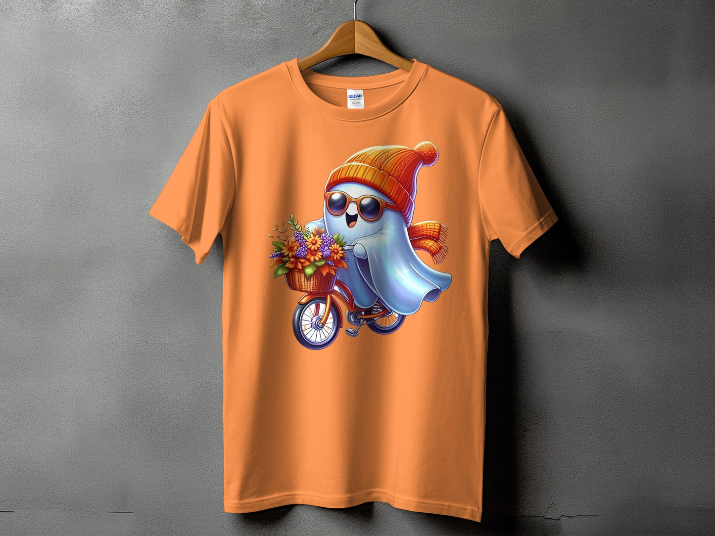 Ghost wearing hat and scarf riding a bicycle with flowers
