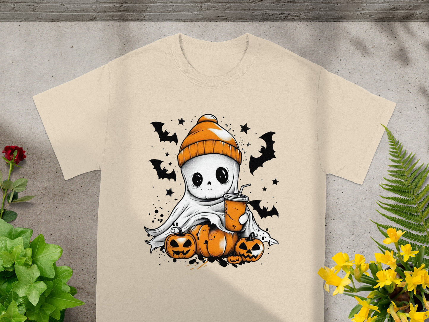 Cute ghost in orange beanie holding a drink with pumpkins and bats.
