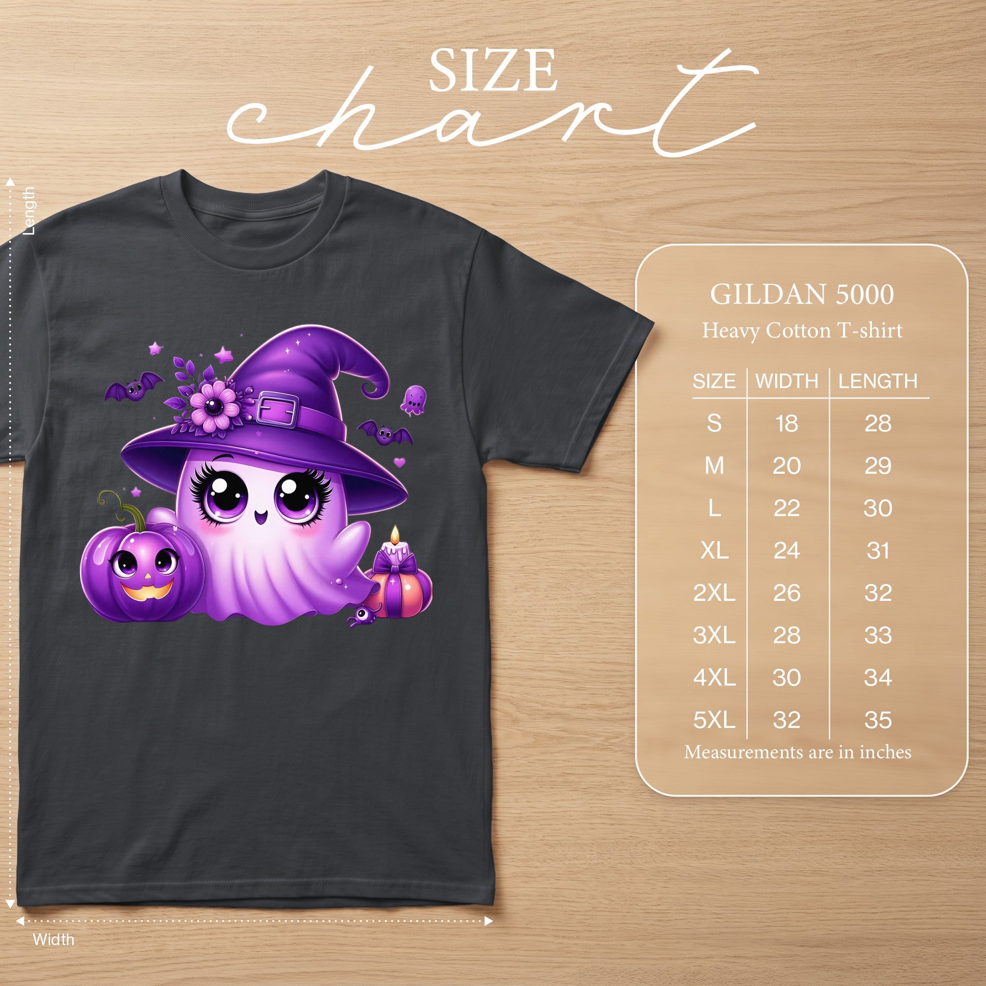 Dark grey Gildan 5000 t-shirt with a purple ghost and pumpkin graphic.
