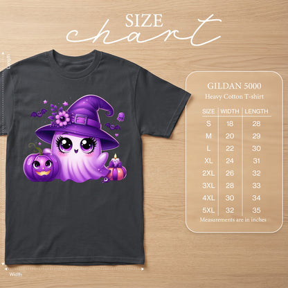 Dark grey Gildan 5000 t-shirt with a purple ghost and pumpkin graphic.