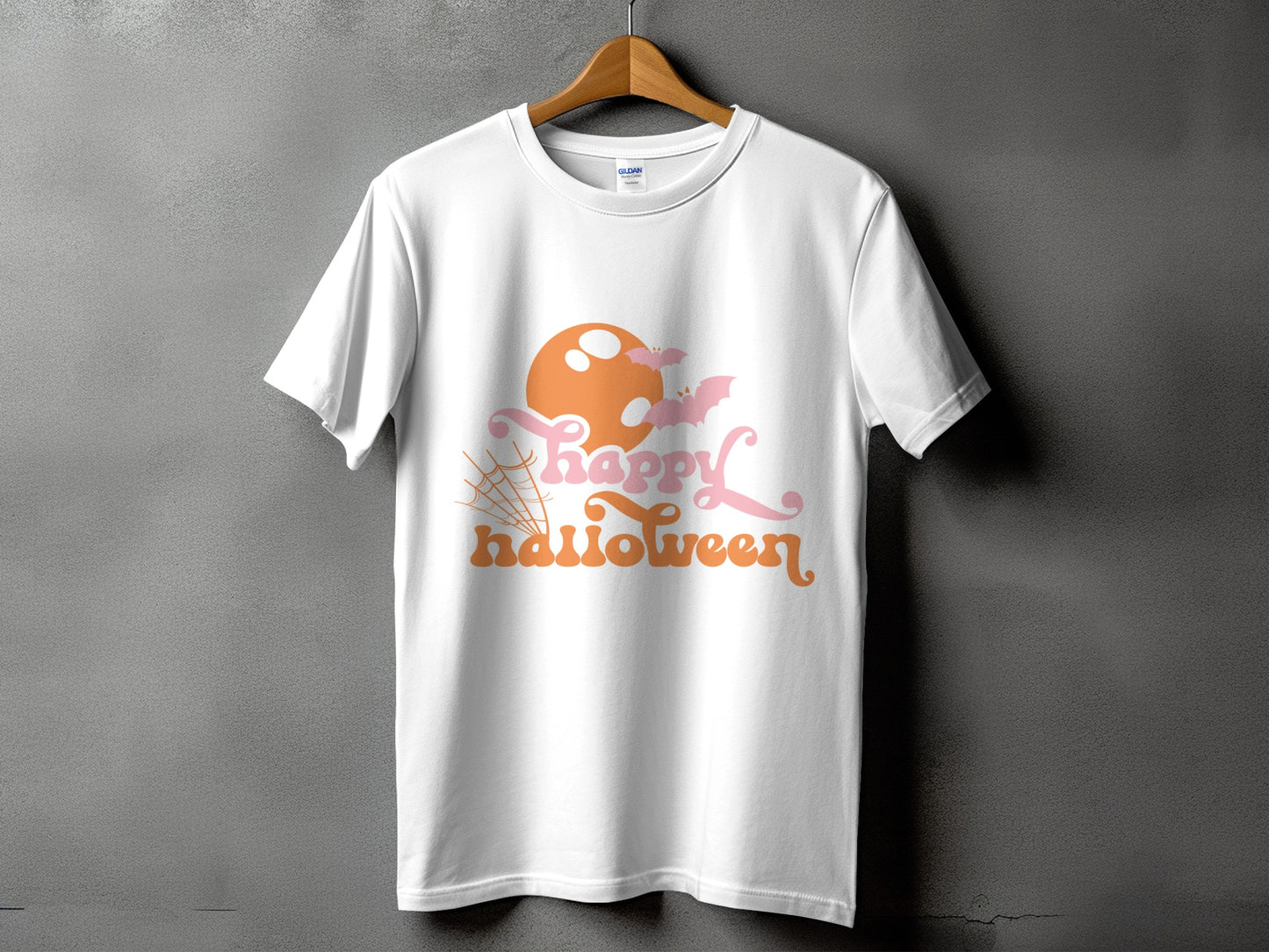 White t-shirt with "Happy Halloween" graphic featuring bats and a moon.