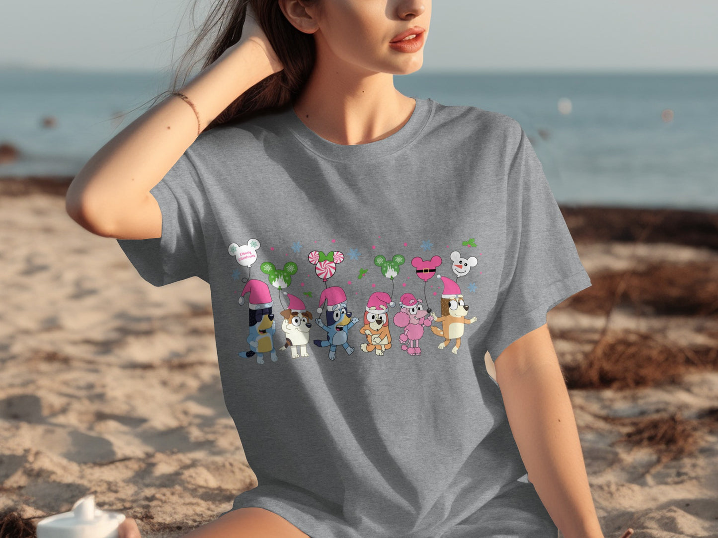 Cartoon Characters in Santa Hats Graphic T-Shirt