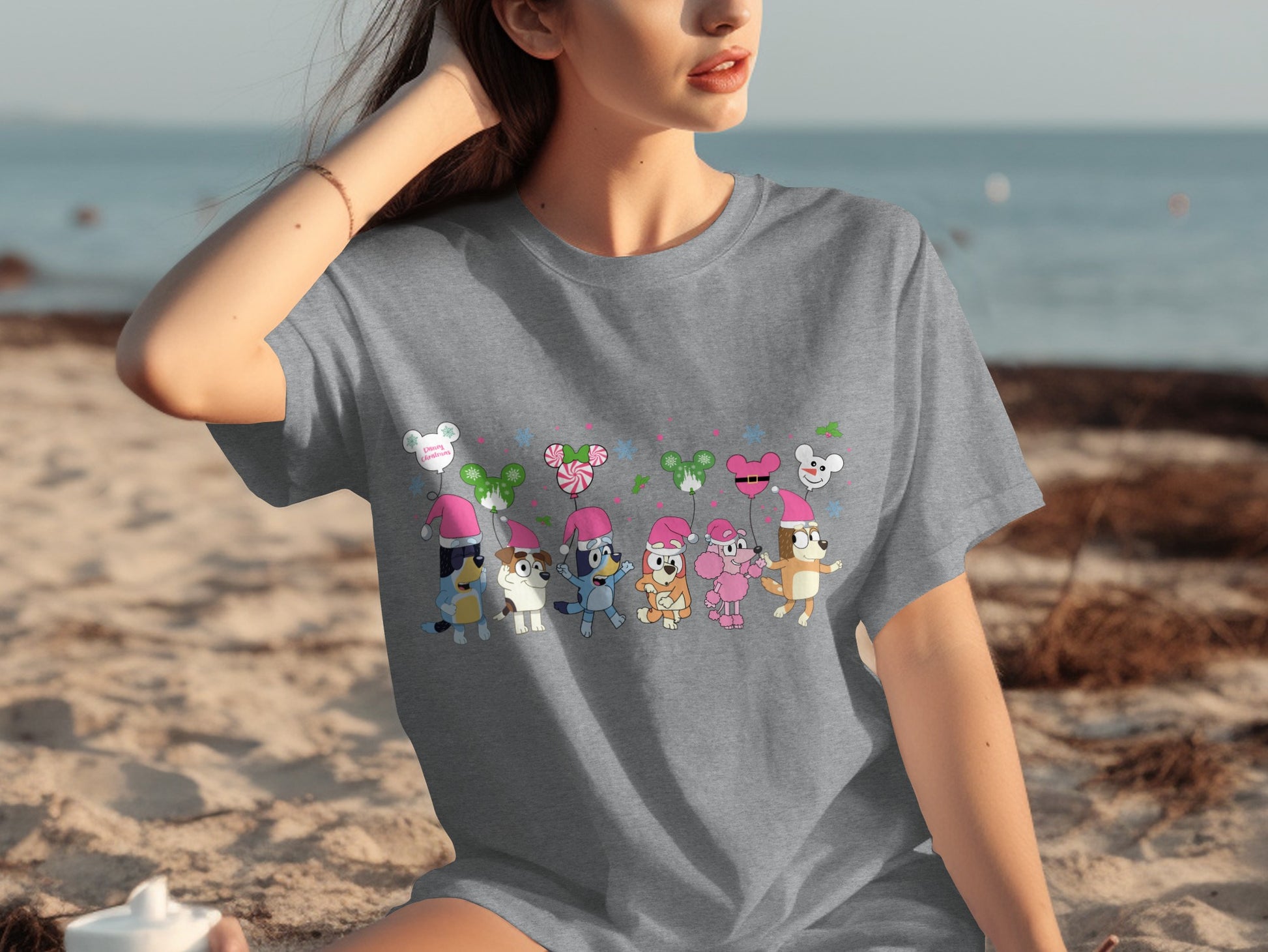 Cartoon Characters in Santa Hats Graphic T-Shirt