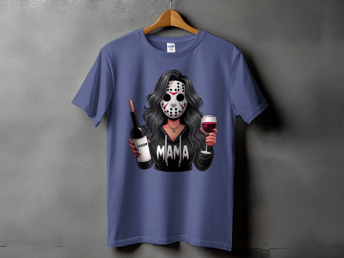 T-shirt graphic of woman in hockey mask holding wine bottle and glass with "Mama" text.