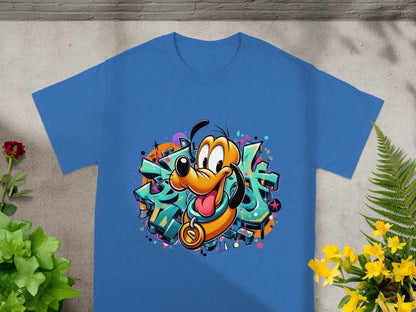 Blue t-shirt featuring cartoon dog Pluto in front of graffiti art.