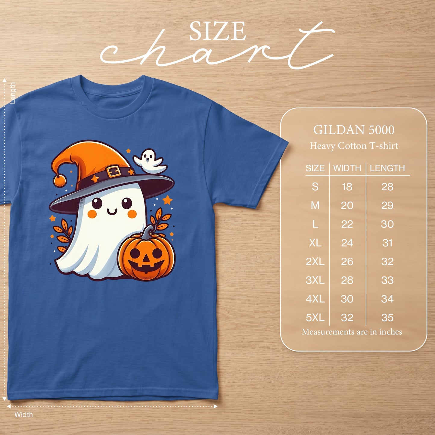 Blue Gildan 5000 Heavy Cotton T-shirt with a cute ghost, witch hat, and pumpkin graphic.