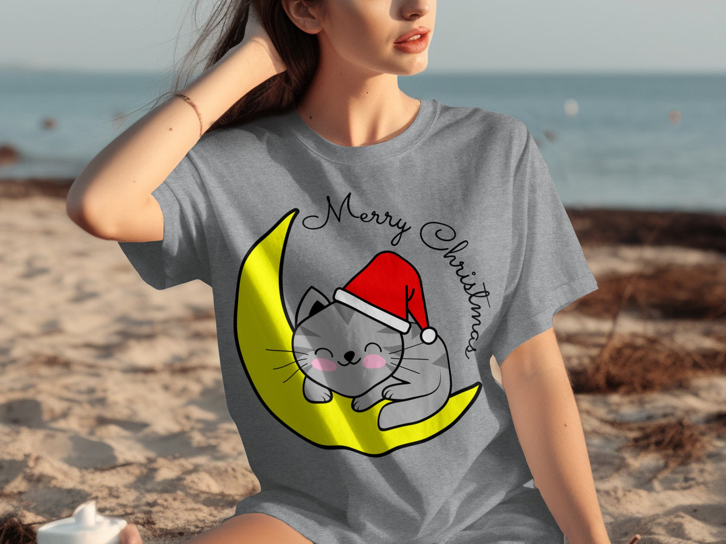 Merry Christmas Santa Cat on Moon Graphic T-shirt