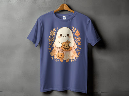 Purple t-shirt with a cute ghost holding pumpkins and surrounded by fall leaves.