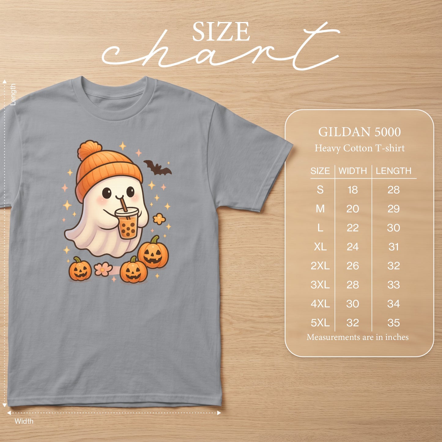 Grey Gildan 5000 t-shirt with cute ghost, pumpkins, bat, and bubble tea design.