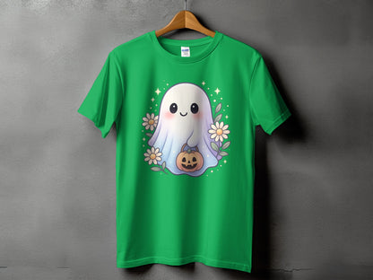 Green t-shirt with a cute ghost holding a pumpkin and surrounded by flowers.
