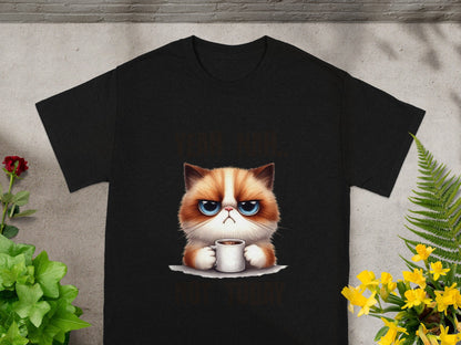 Cute Grumpy Cat Holding Coffee T-shirt Black Tee Shirt