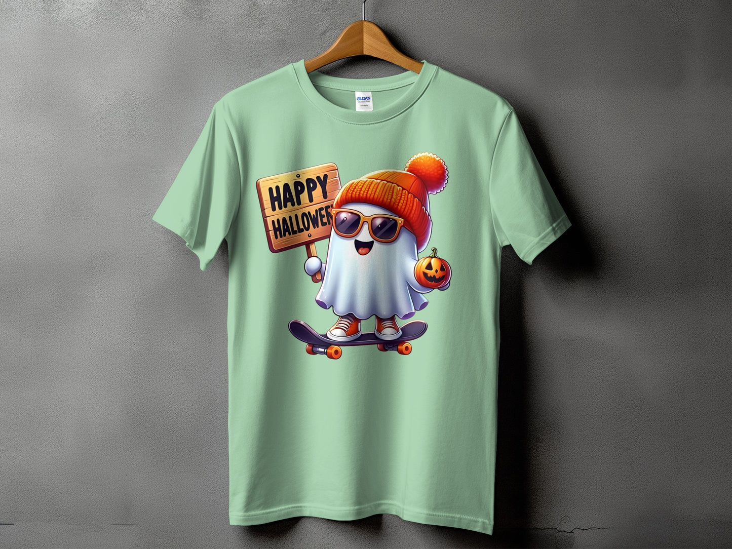 Ghost on skateboard holding sign that says "Happy Halloween" and a pumpkin.