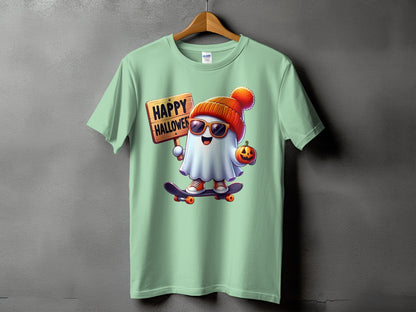 Ghost on skateboard holding sign that says "Happy Halloween" and a pumpkin.
