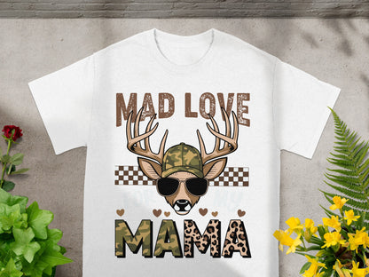 White t-shirt with a deer wearing a hat and sunglasses, "Mad Love Mama" text.