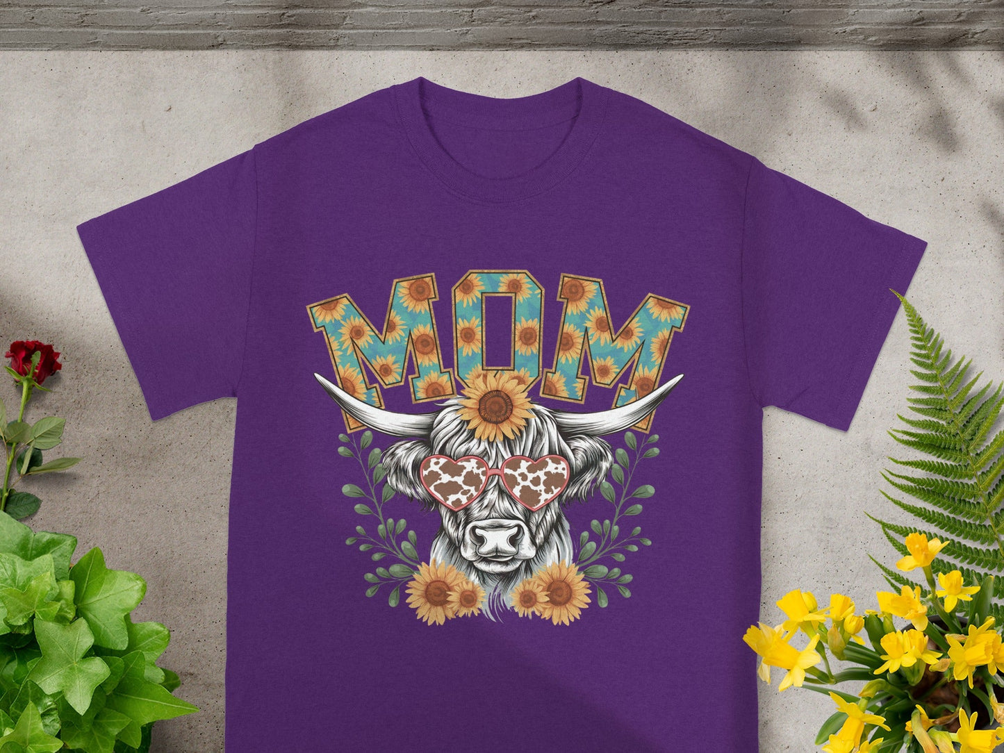 Purple Mom Shirt with Sunflower Pattern Design