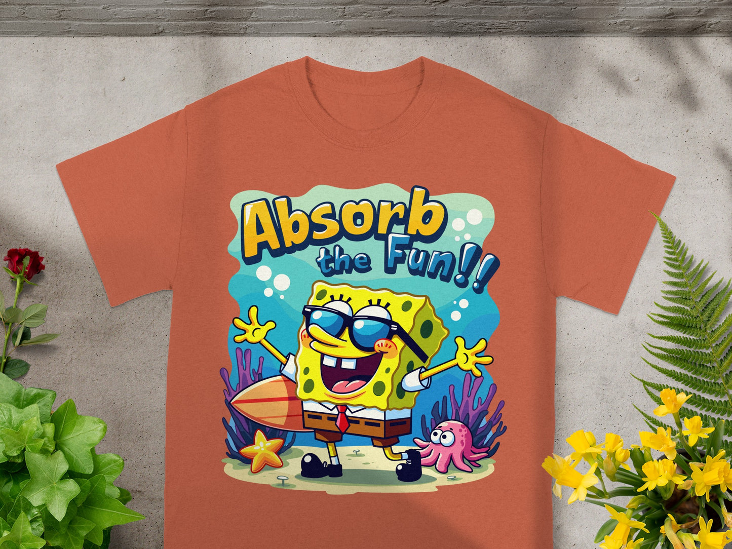 SpongeBob SquarePants with surfboard and octopus, text "Absorb the Fun!"