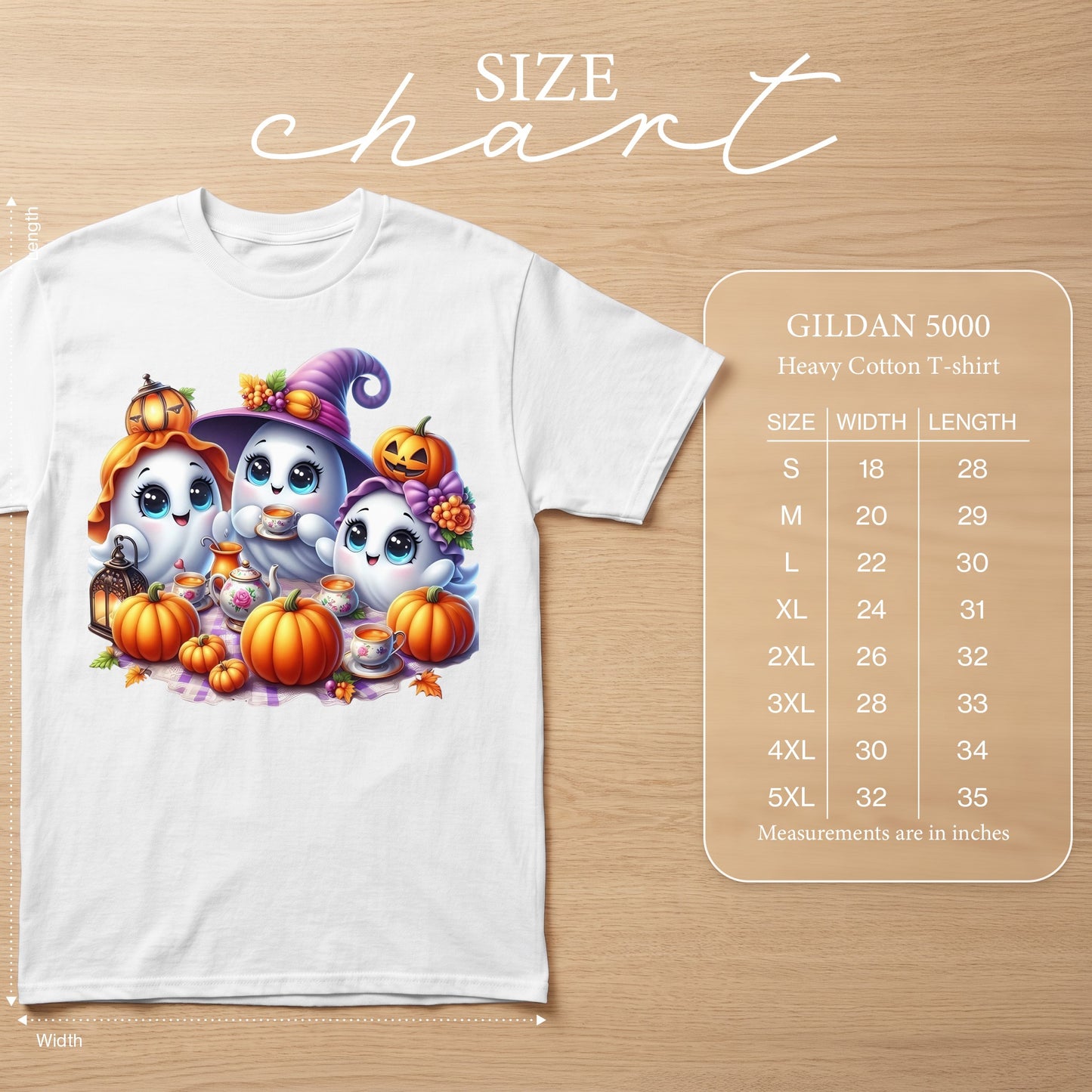 White t-shirt with Halloween ghosts, pumpkins, and tea set graphic, includes size chart.