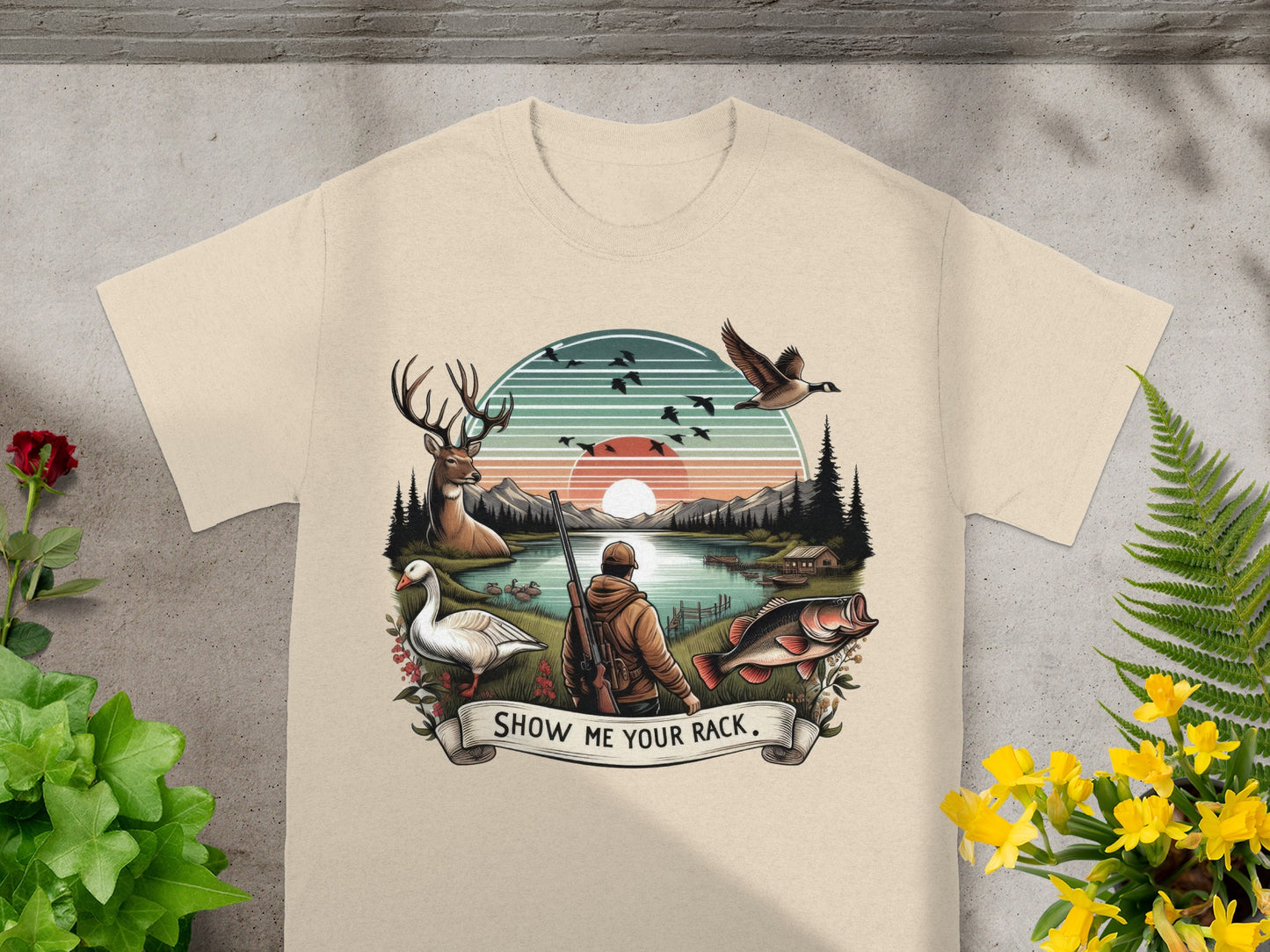 T-shirt graphic with hunters and fishermen elements.