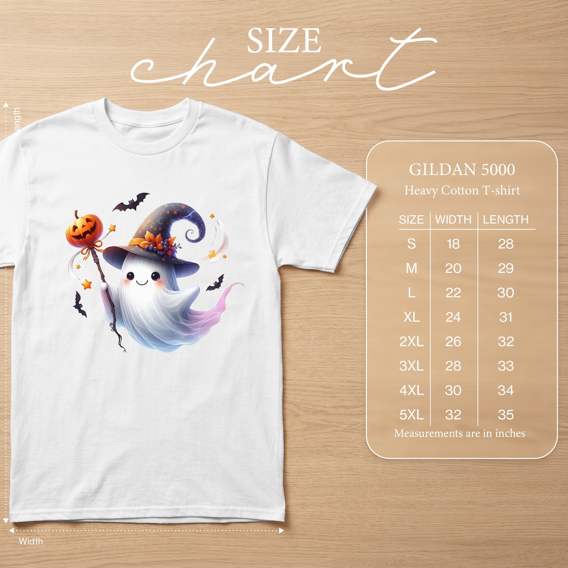 White Gildan 5000 t-shirt with Halloween ghost graphic and size chart.