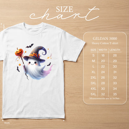 White Gildan 5000 t-shirt with Halloween ghost graphic and size chart.
