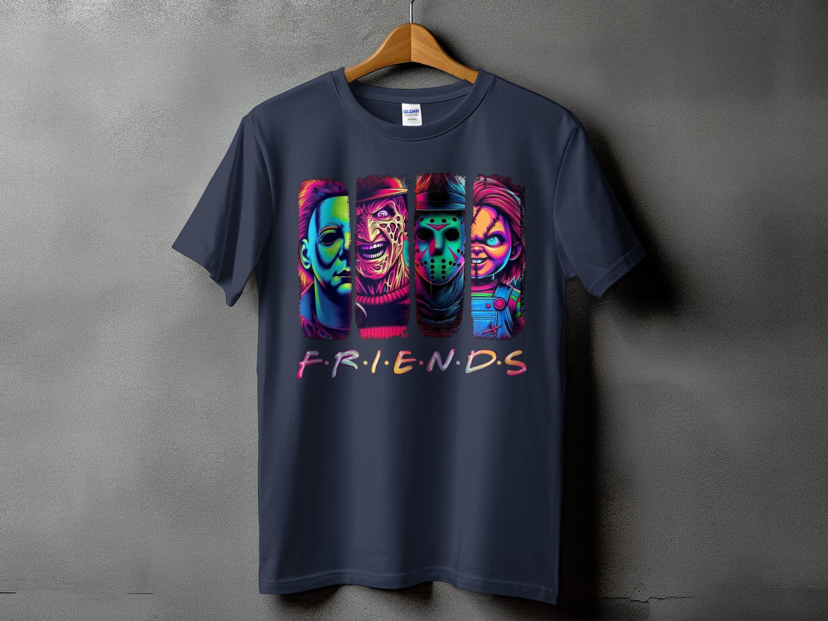 Dark blue t-shirt with horror characters and "FRIENDS" text graphic.