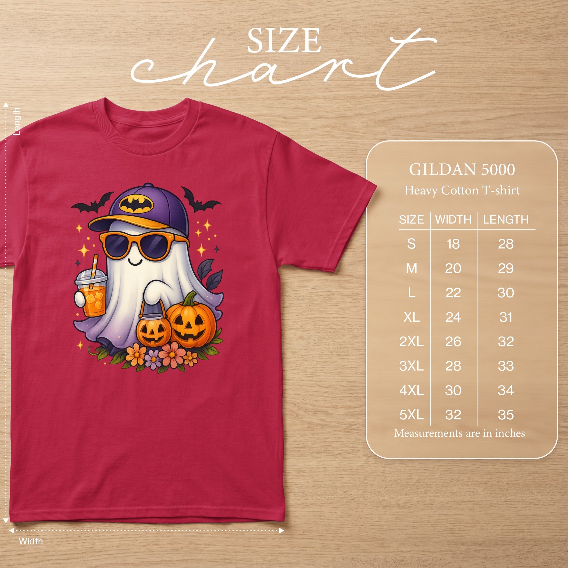 Pink t-shirt with Halloween ghost graphic and Gildan 5000 size chart.
