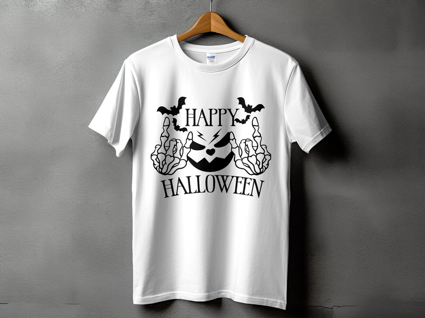 White t-shirt with black "Happy Halloween" text and skeleton hands.