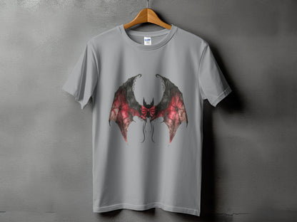 Grey t-shirt with a red and black bat wings graphic with a bow.