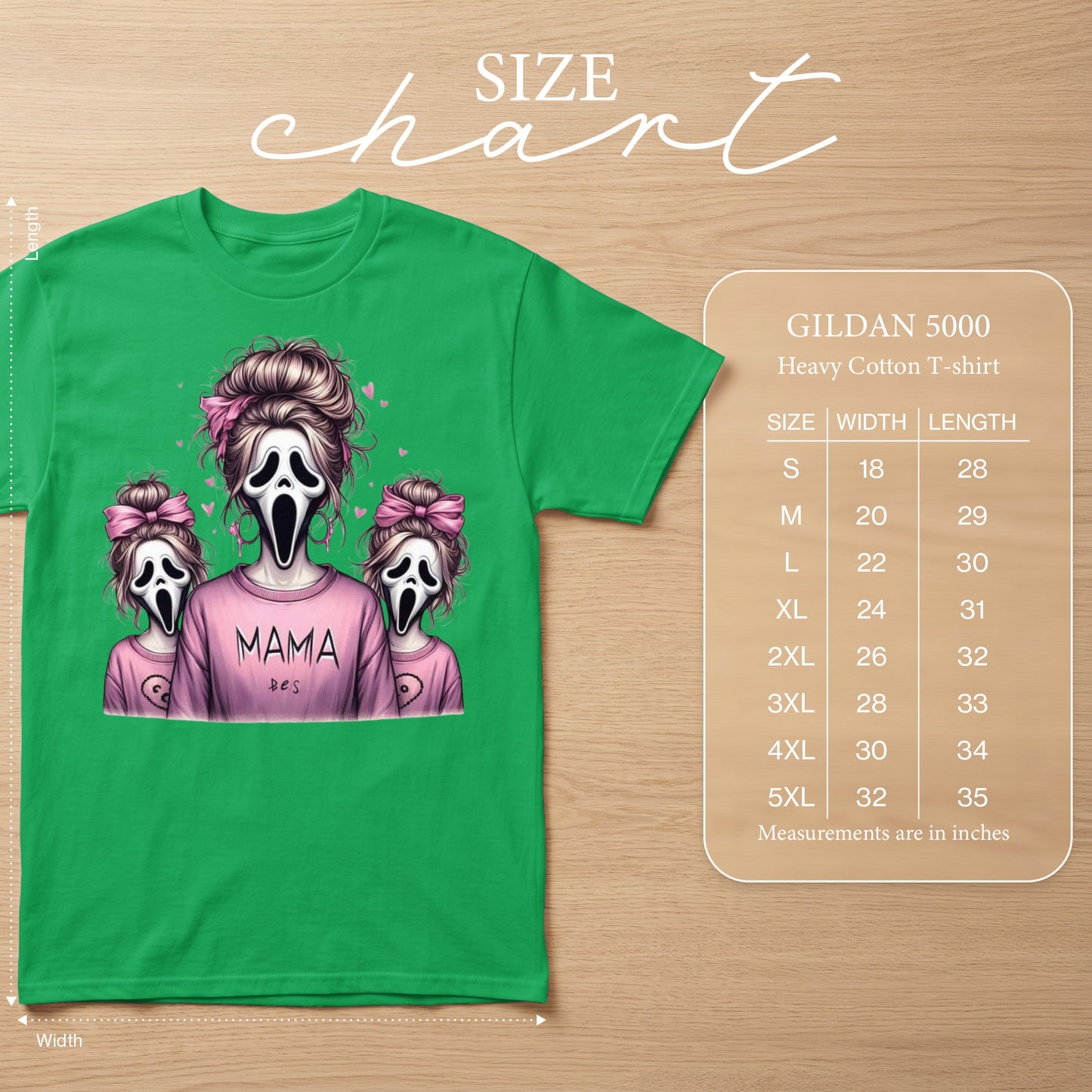 Green t-shirt with three ghost faces, one saying "MAMA bes". Size chart included.