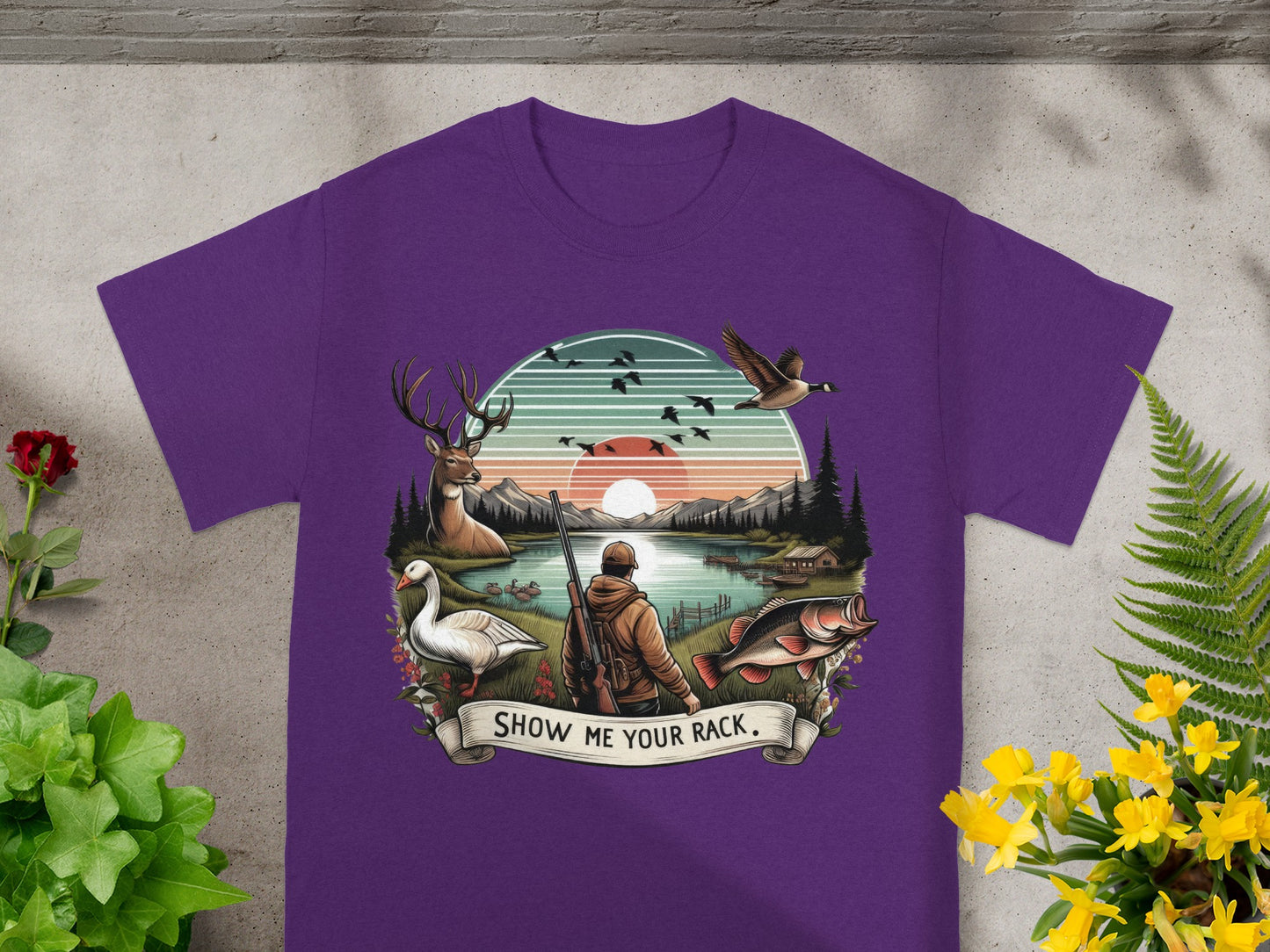 Hunter with rifle by lake, deer, goose, fish, and text "SHOW ME YOUR RACK."