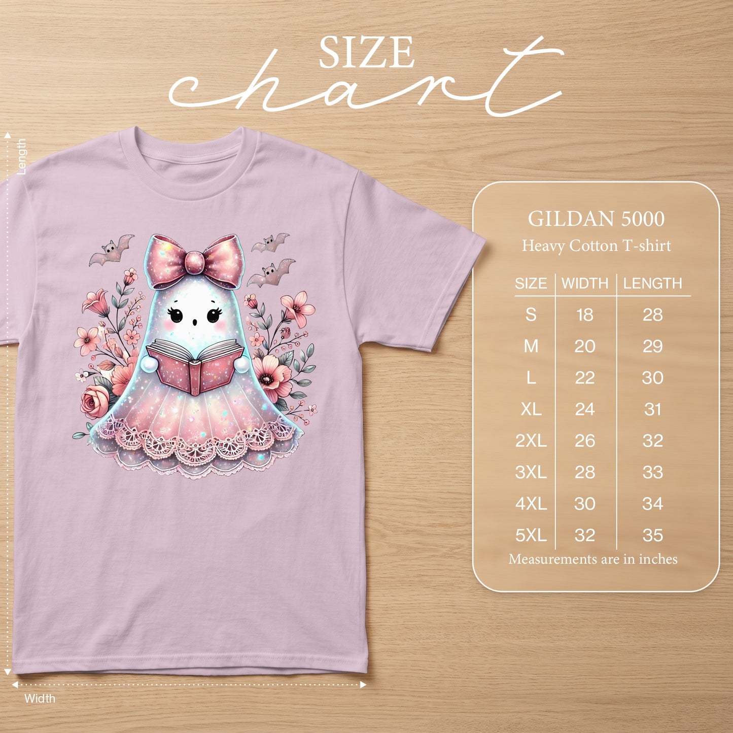 Gildan 5000 Heavy Cotton T-shirt with ghost graphic, size chart.