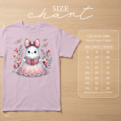 Gildan 5000 Heavy Cotton T-shirt with ghost graphic, size chart.