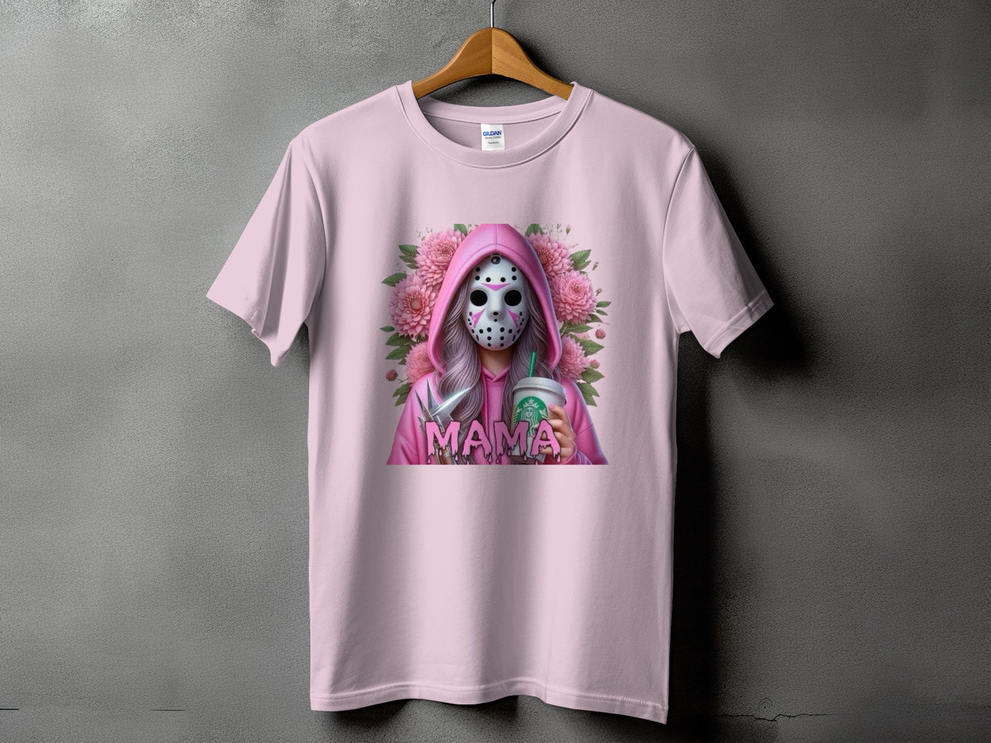 Pink t-shirt with graphic of masked figure holding a knife and coffee cup.