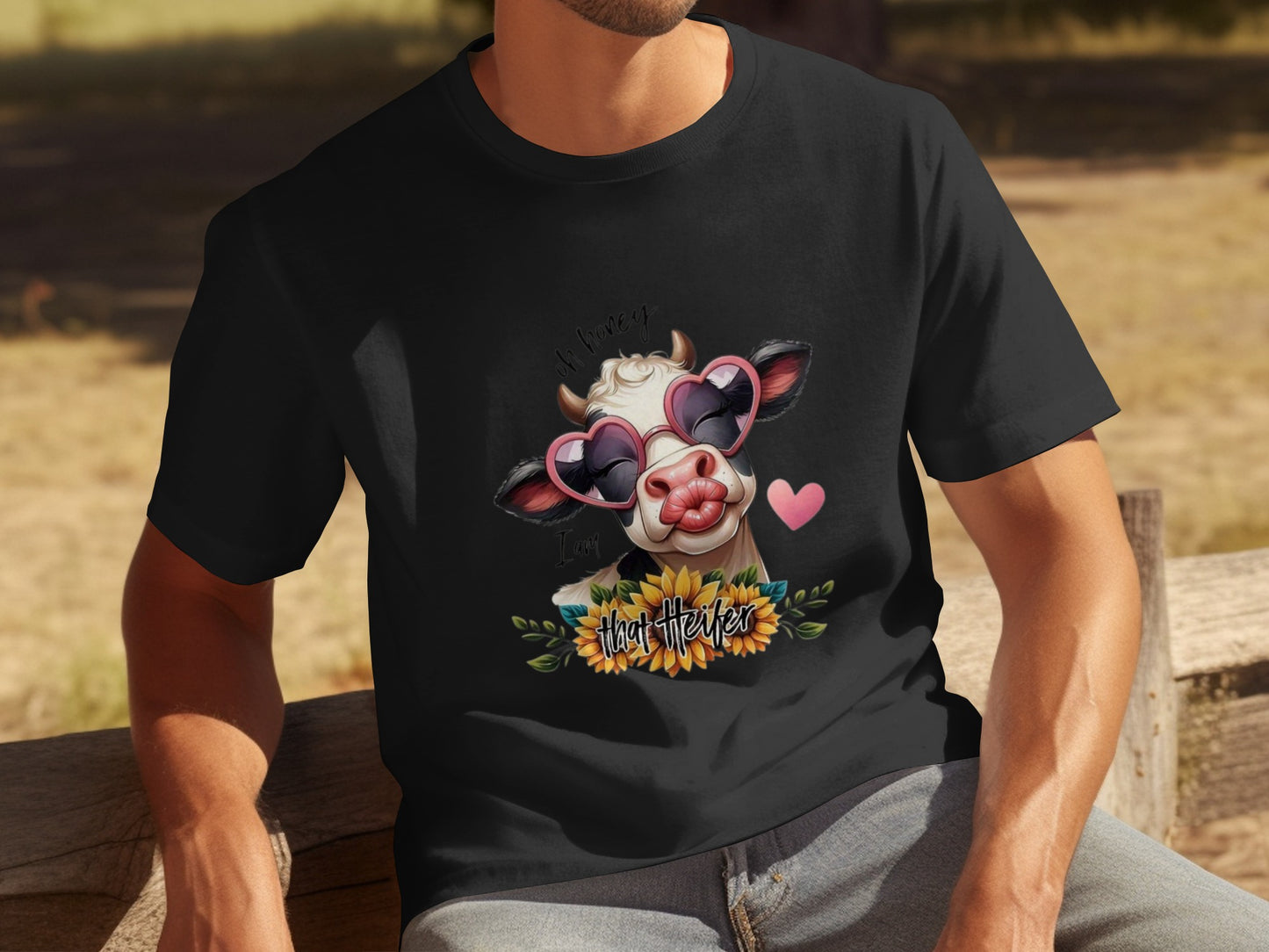 Cute Cow with Sunglasses and Sunflower Design T-Shirt