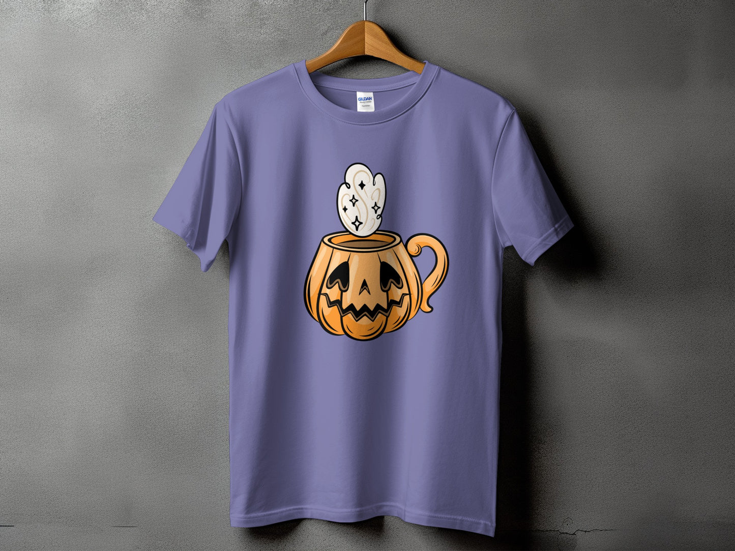 Purple t-shirt with a jack-o'-lantern mug graphic, featuring steam and sparkles.
