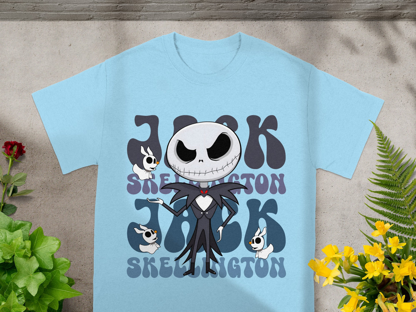 Light blue t-shirt with Jack Skellington graphic and text.