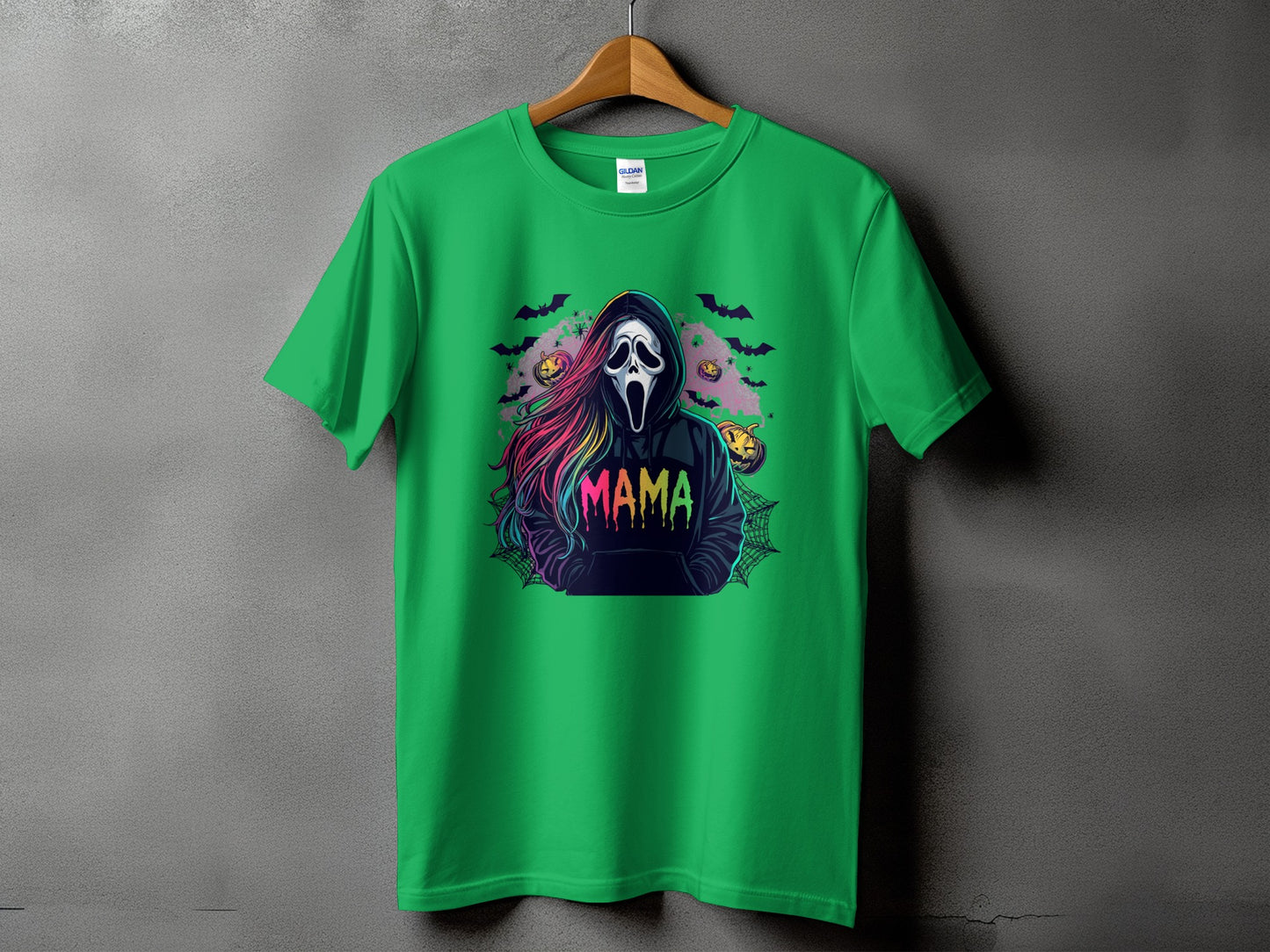 Green t-shirt with ghost face, colorful hair, and "MAMA" text.