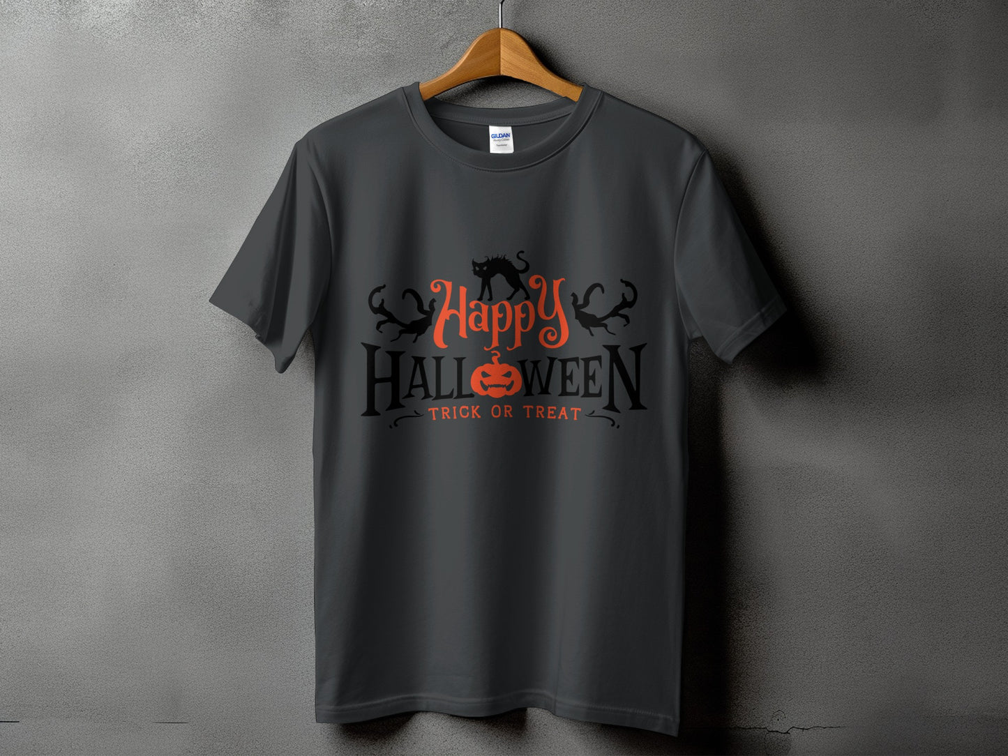 Gray t-shirt with "Happy Halloween Trick or Treat" text and graphics.