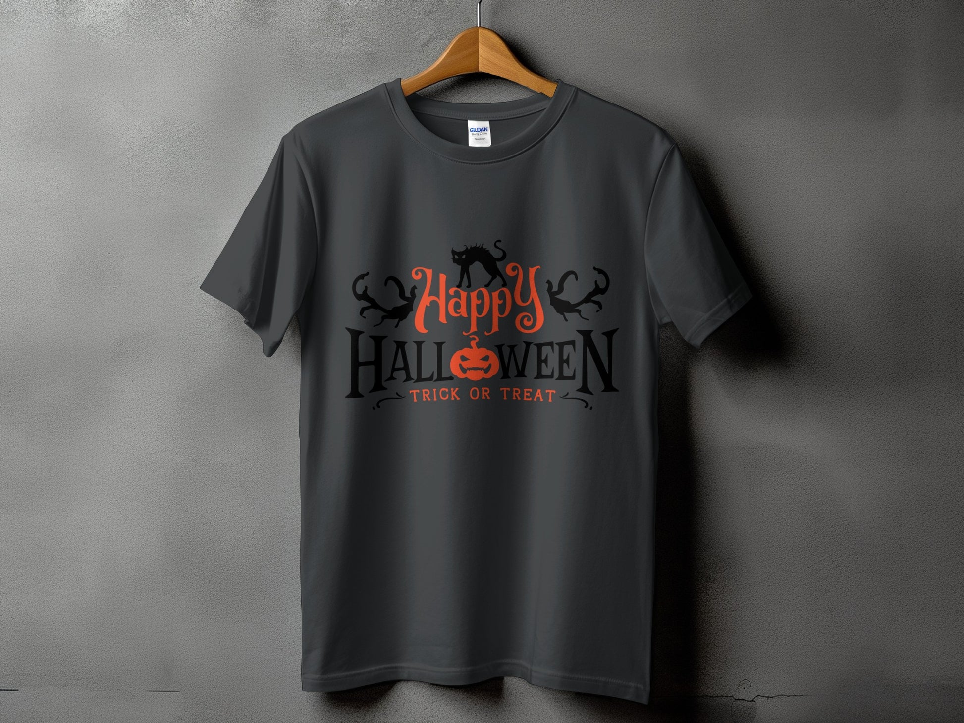 Gray t-shirt with "Happy Halloween Trick or Treat" text and graphics.