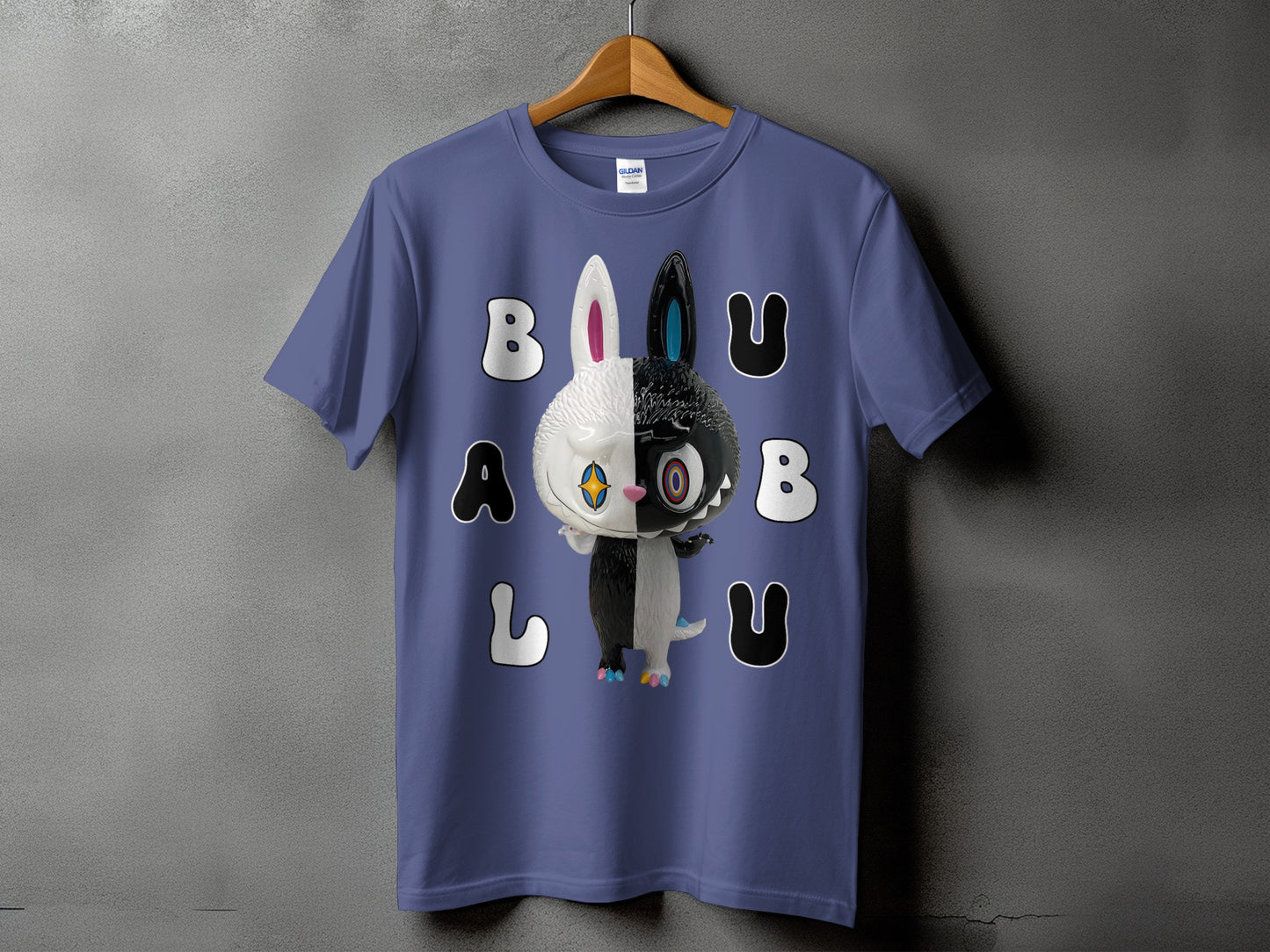 Blue t-shirt with a split black and white character and "BALU" text.