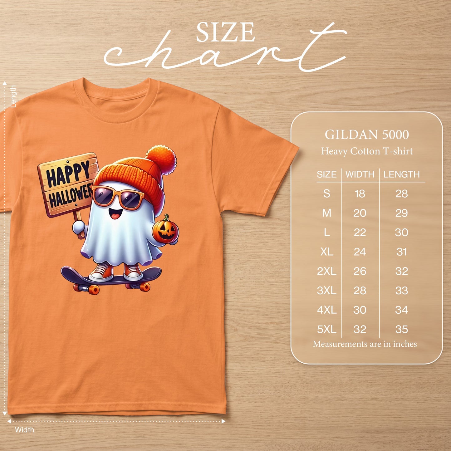 Orange Gildan 5000 t-shirt with a cartoon ghost on a skateboard. Size chart included.