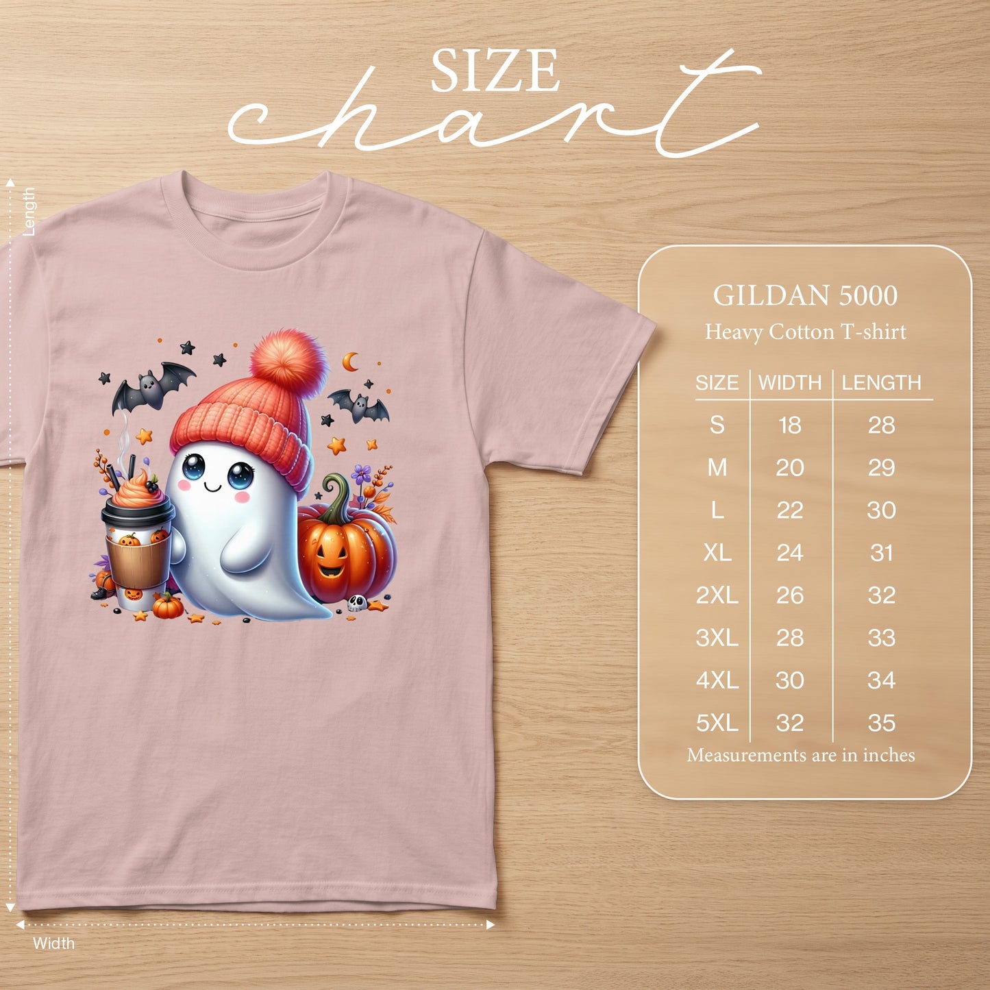 Pink t-shirt with ghost, pumpkin, coffee, and bats graphic, with size chart.