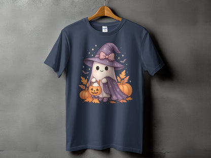 Dark blue t-shirt featuring a kawaii ghost in a witch hat holding a pumpkin basket.