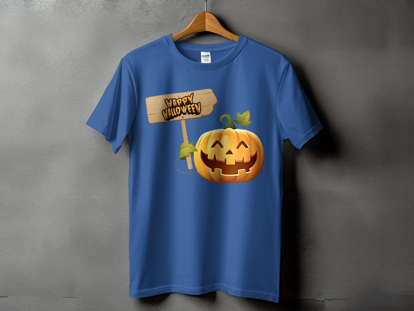Blue t-shirt with carved pumpkin and "Happy Halloween" sign graphic.
